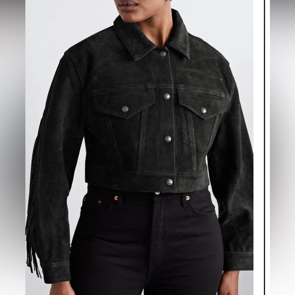 NWT Redone Black Suede fringe suede Trucker Jacket in a small (sample piece)